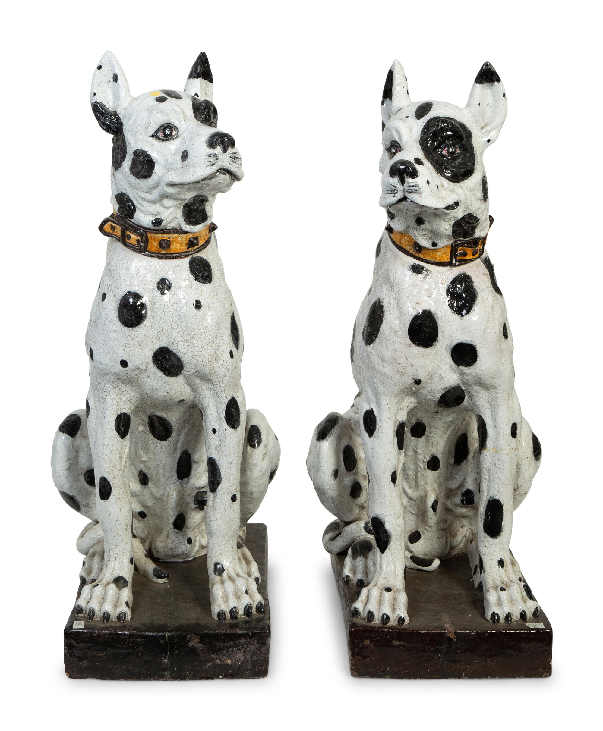 A Pair of Large Italian Glazed Terracotta Seated Dogs — 20TH CENTURY