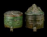 Two Chinese Green Glazed Pottery Covered Tripod Incense Burners