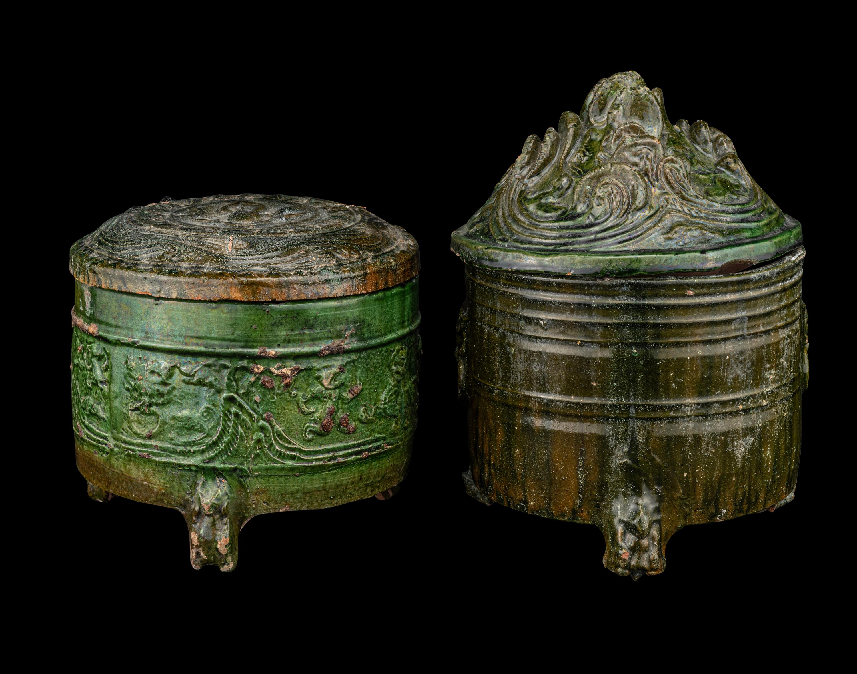 Two Chinese Green Glazed Pottery Covered Tripod Incense Burners