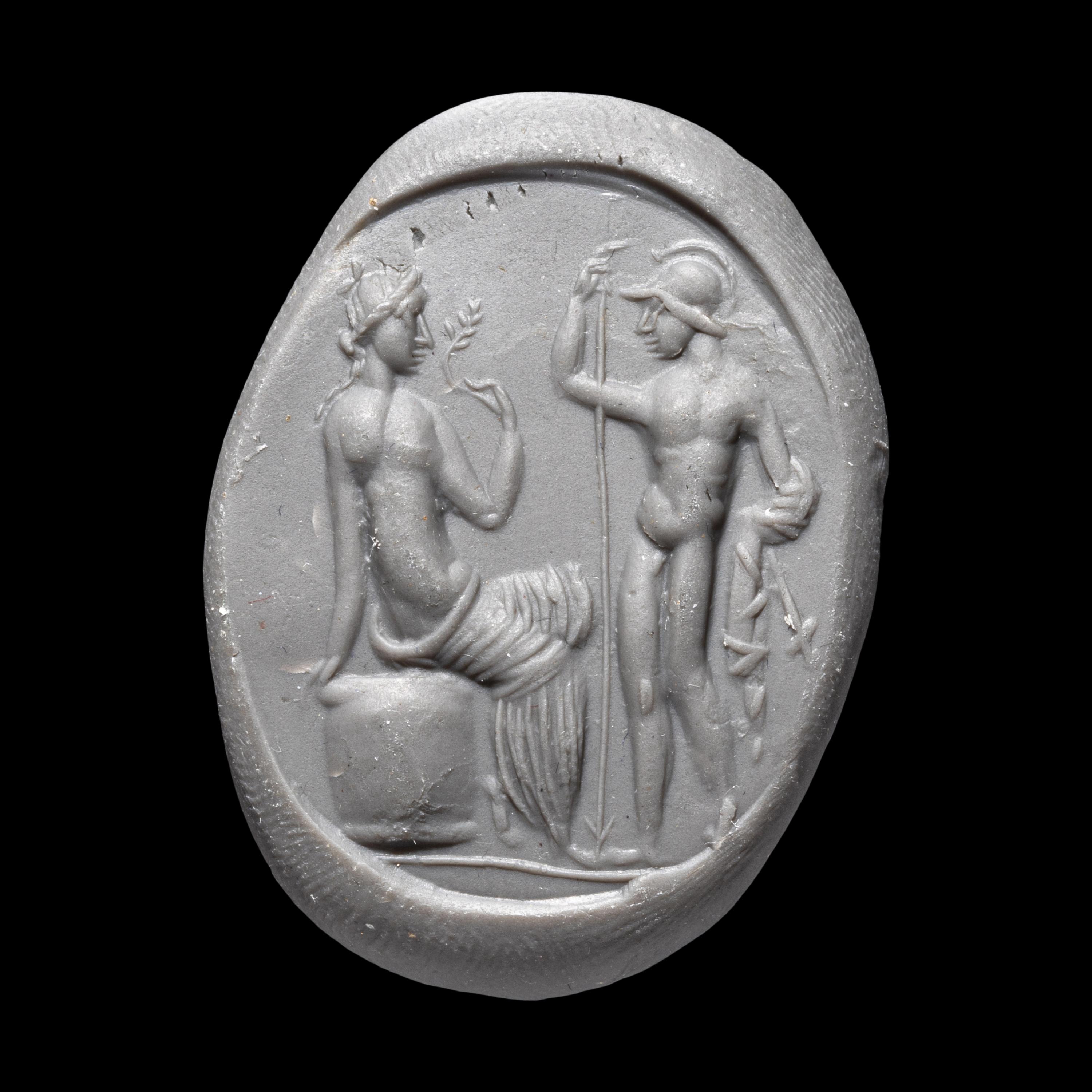 A Roman Carnelian Ring Stone with the Gods Ares and Venus