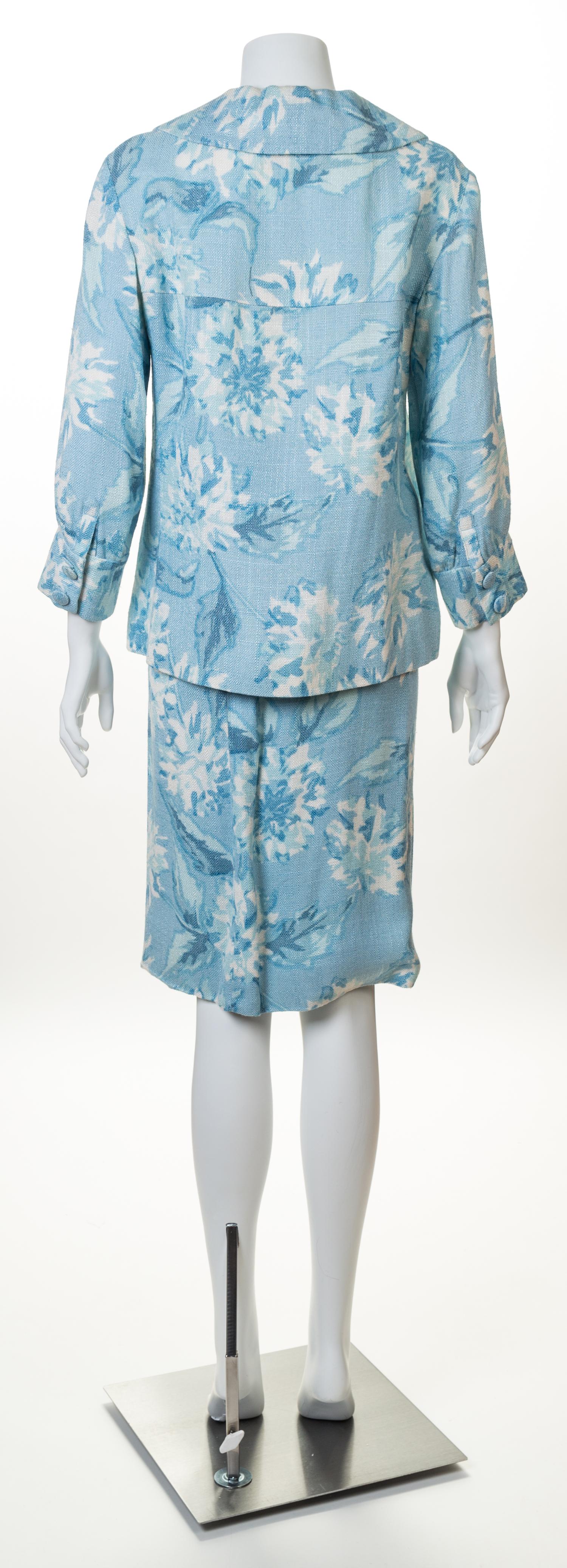 A Guy LaRoche Blue Floral Jacket and Skirt Set, No size.