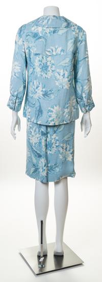 A Guy LaRoche Blue Floral Jacket and Skirt Set, No size.