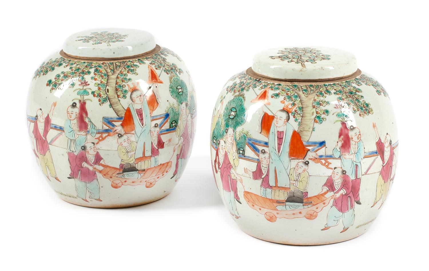 A Pair of Chinese Porcelain Covered Jars Height 9 inches.