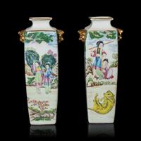 A Pair of Chinese Famille Rose Porcelain 'Figural' Square Vases, 19th-20th Century — 晚清-民國 粉彩武松打虎圖雙鋪首耳方瓶一對