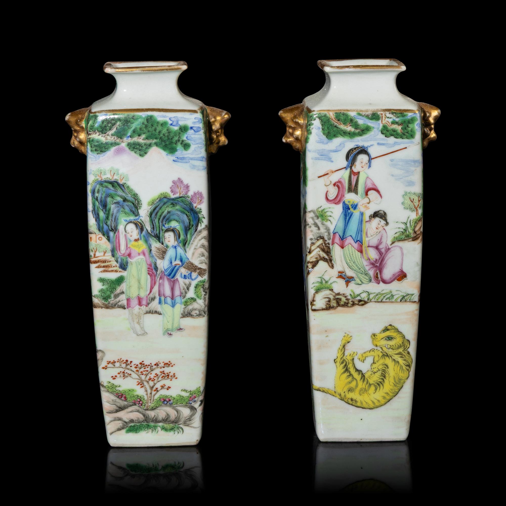 A Pair of Chinese Famille Rose Porcelain 'Figural' Square Vases, 19th-20th Century — 晚清-民國 粉彩武松打虎圖雙鋪首耳方瓶一對
