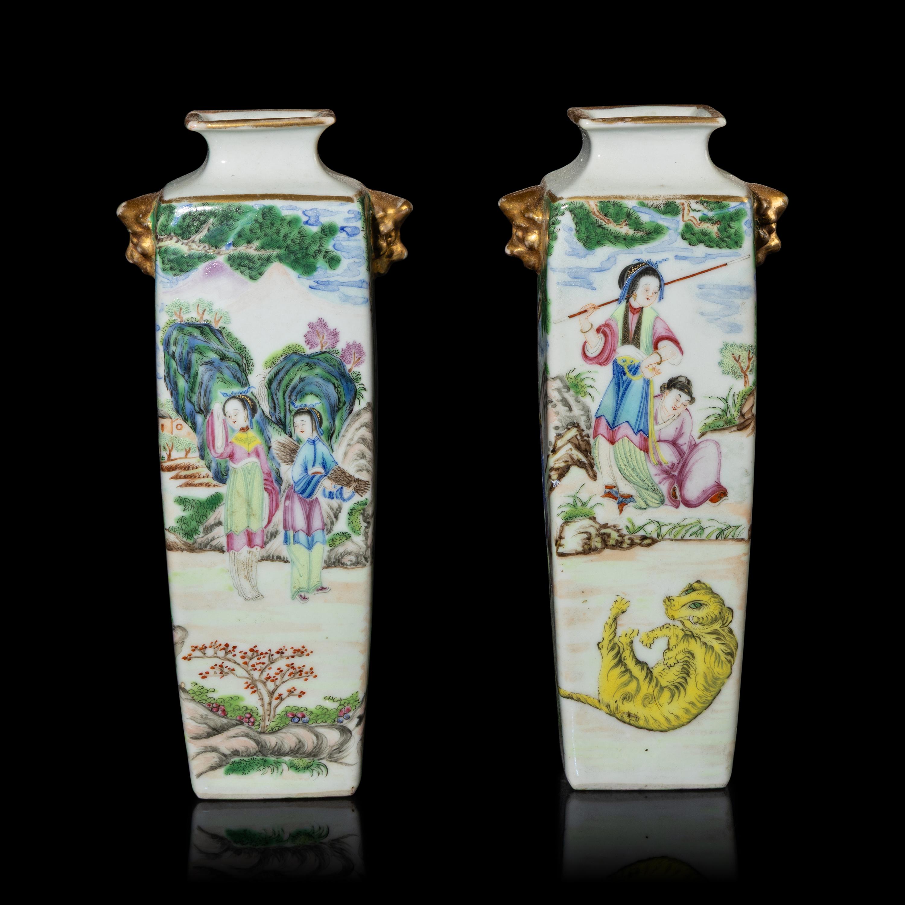 A Pair of Chinese Famille Rose Porcelain 'Figural' Square Vases, 19th-20th Century — 晚清-民國 粉彩武松打虎圖雙鋪首耳方瓶一對