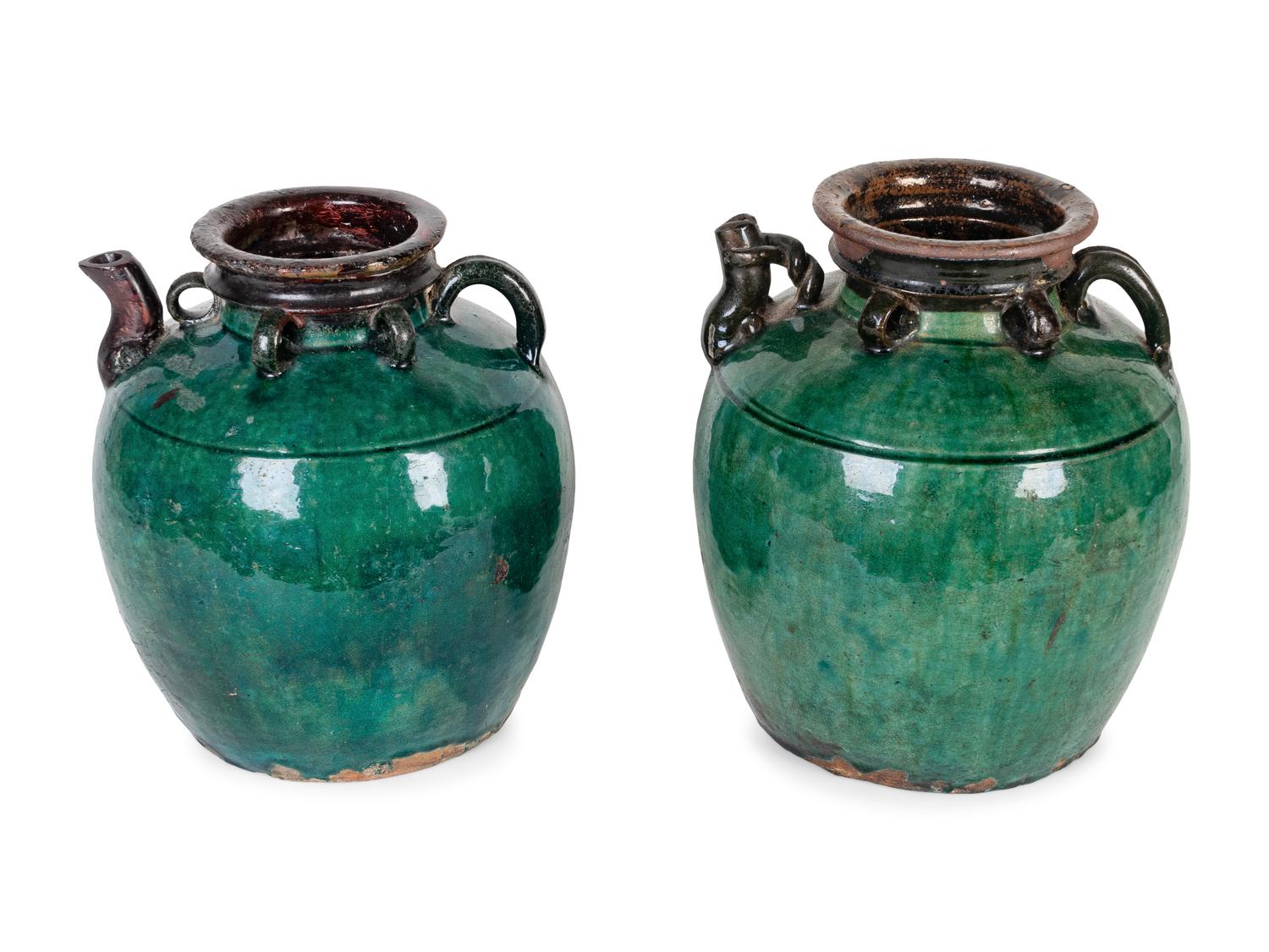A Near Pair of French Dark Green Glazed Pottery Gargoulette Pitchers — 19TH CENTURY