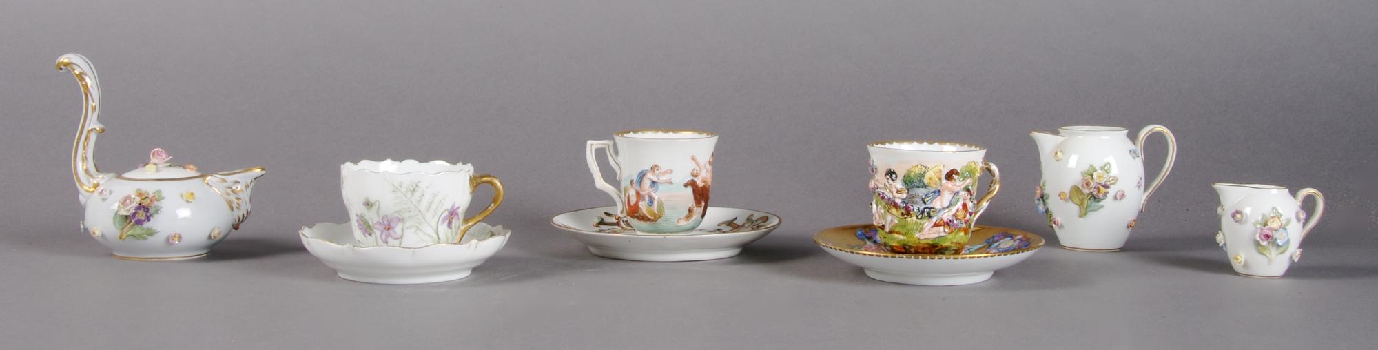 A Collection of Meissen Tea Articles, Height of tallest 6 inches.