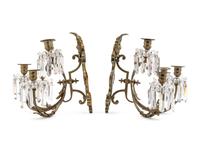 A Pair of Neoclassical Bronze and Cut Glass Five-Light Sconces