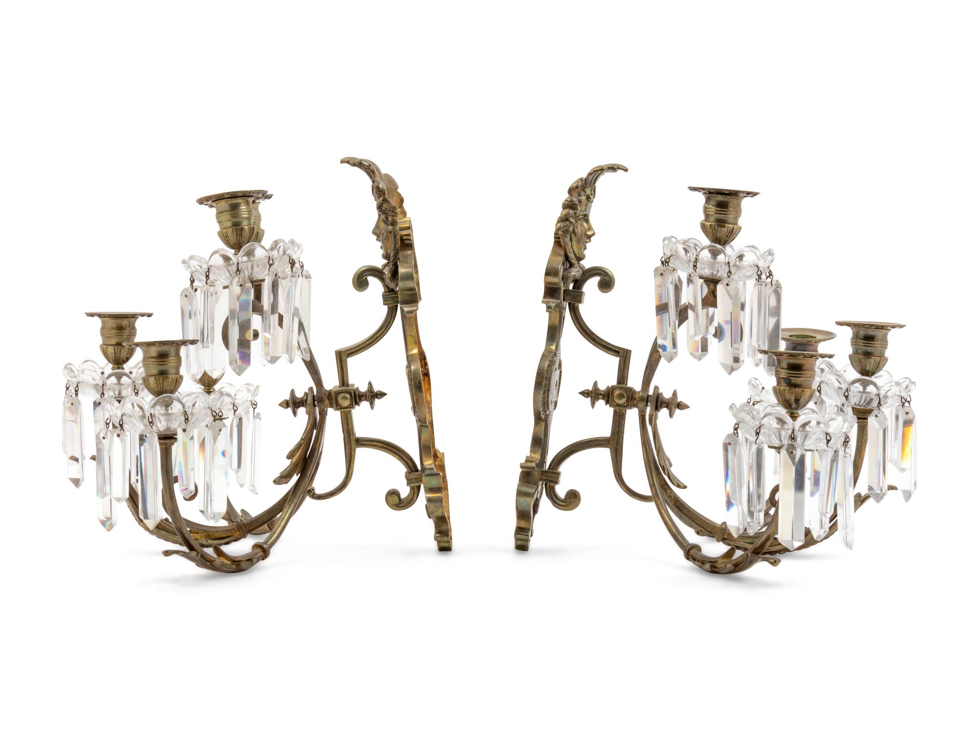 A Pair of Neoclassical Bronze and Cut Glass Five-Light Sconces