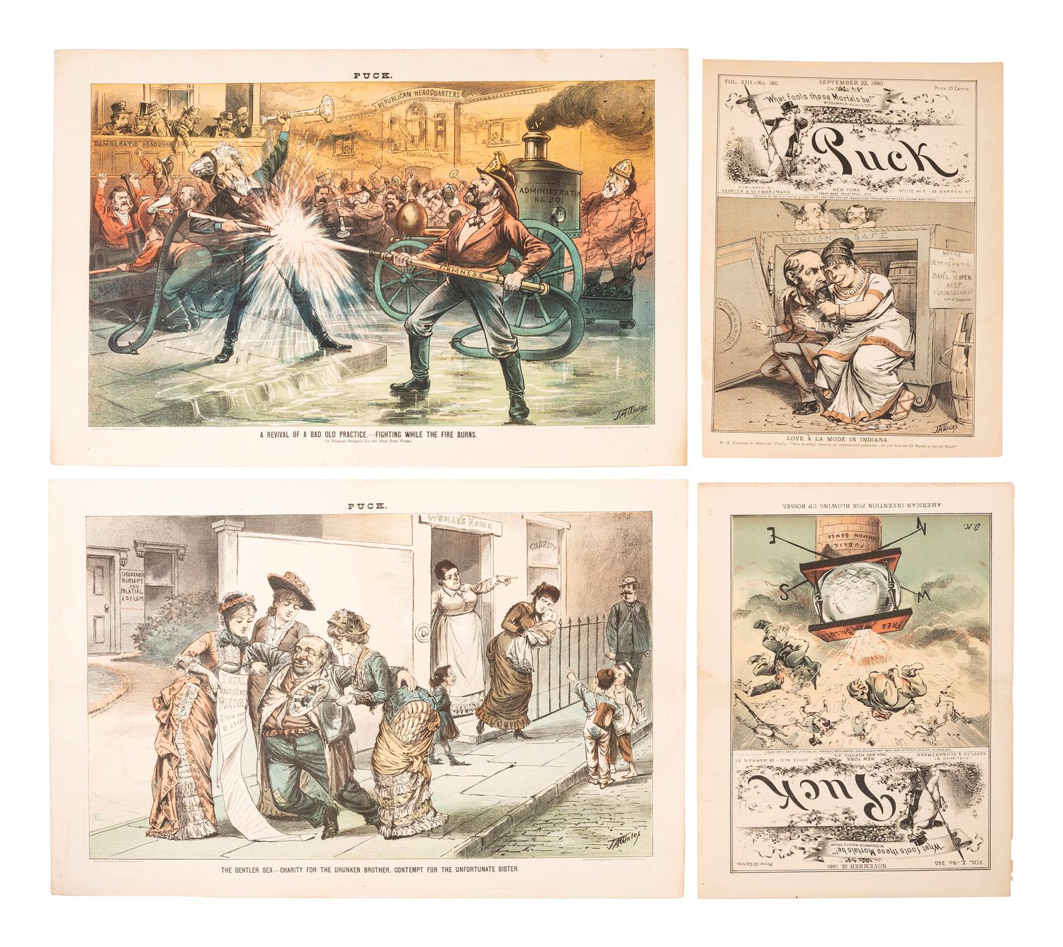 [1880 ELECTION - POLITICAL CARTOONS]. A group of Puck chromolithographs related to the politics and presidential campaigns in 1880.