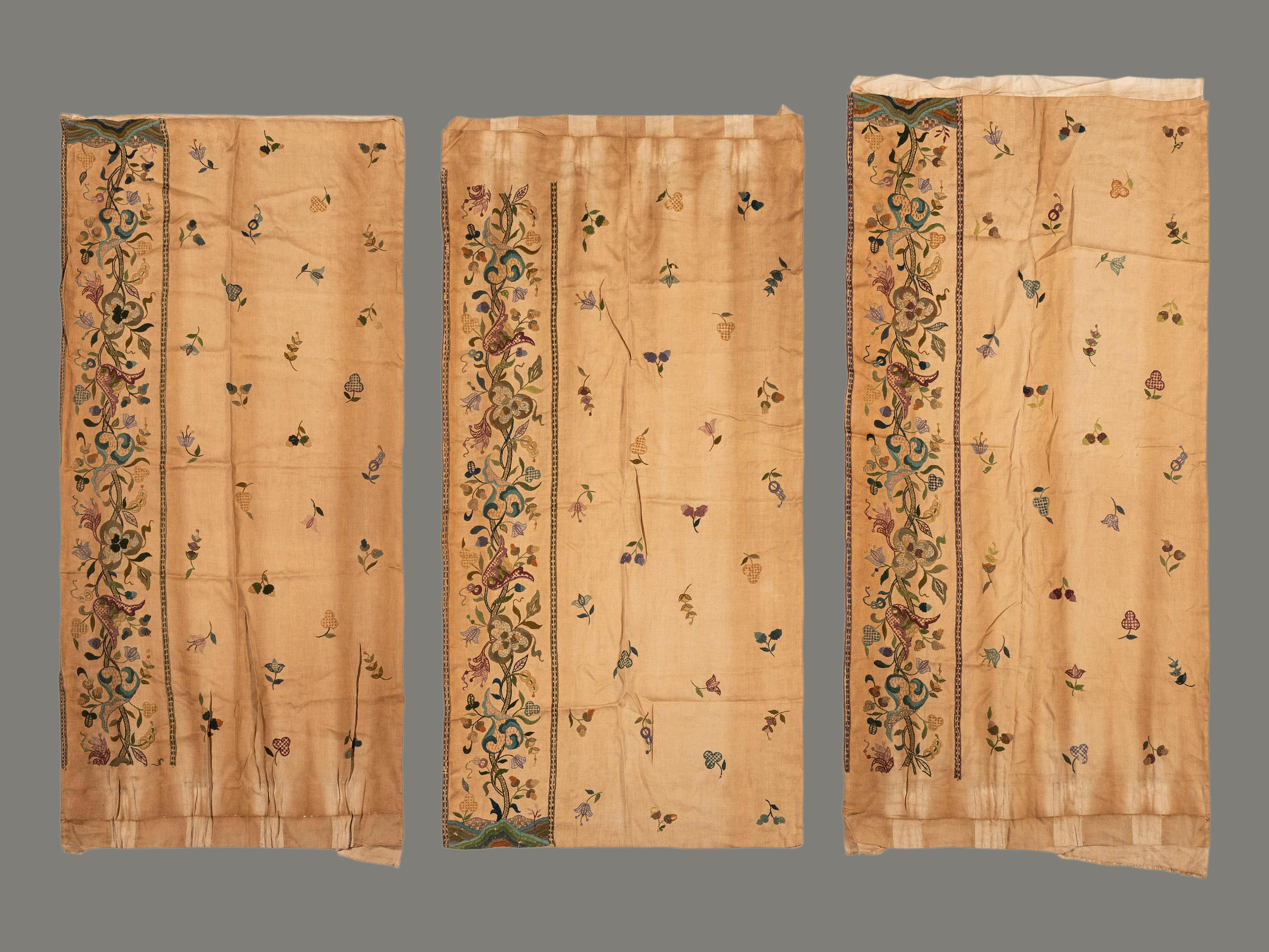 A Group of Jacobean-Style Crewelwork Embroidered Curtains