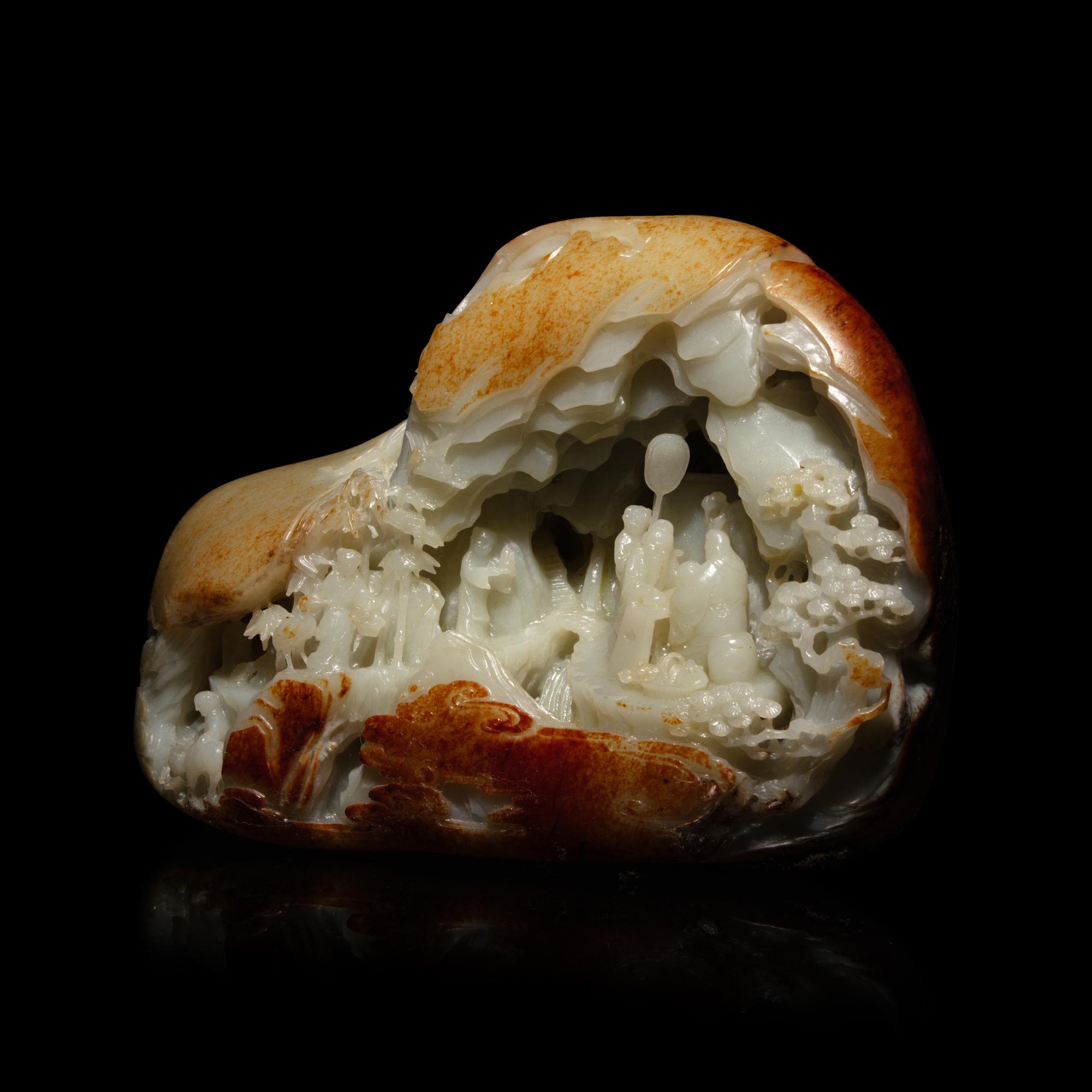 A Chinese White and Russet Jade Boulder, 20th Century — 近代 白玉松下對弈圖山子
