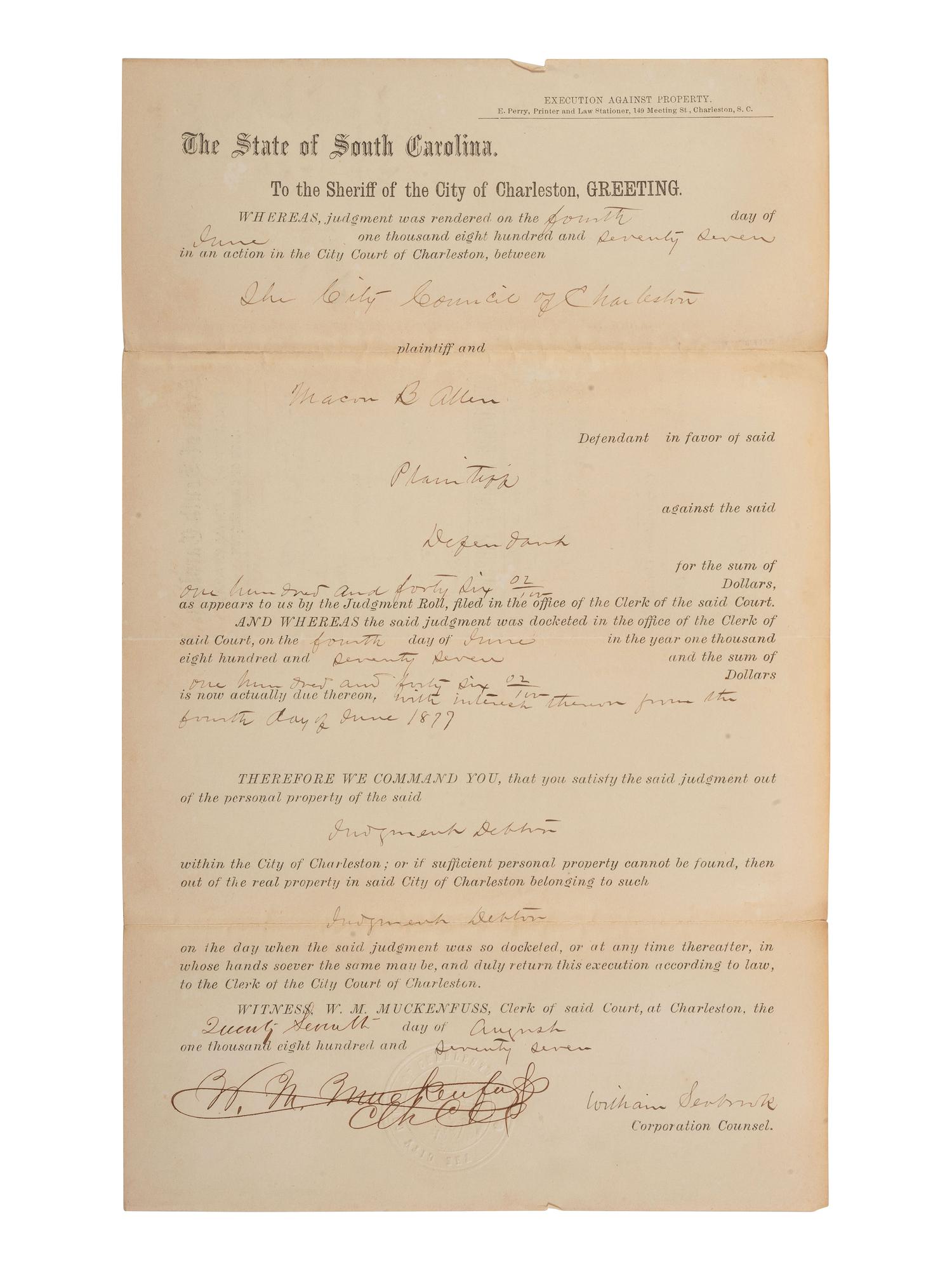 ALLEN, Macon B. (1816-1894). Two documents related to Macon Allen, the first African American licensed to practice law in the US. Charleston, SC, 1877.