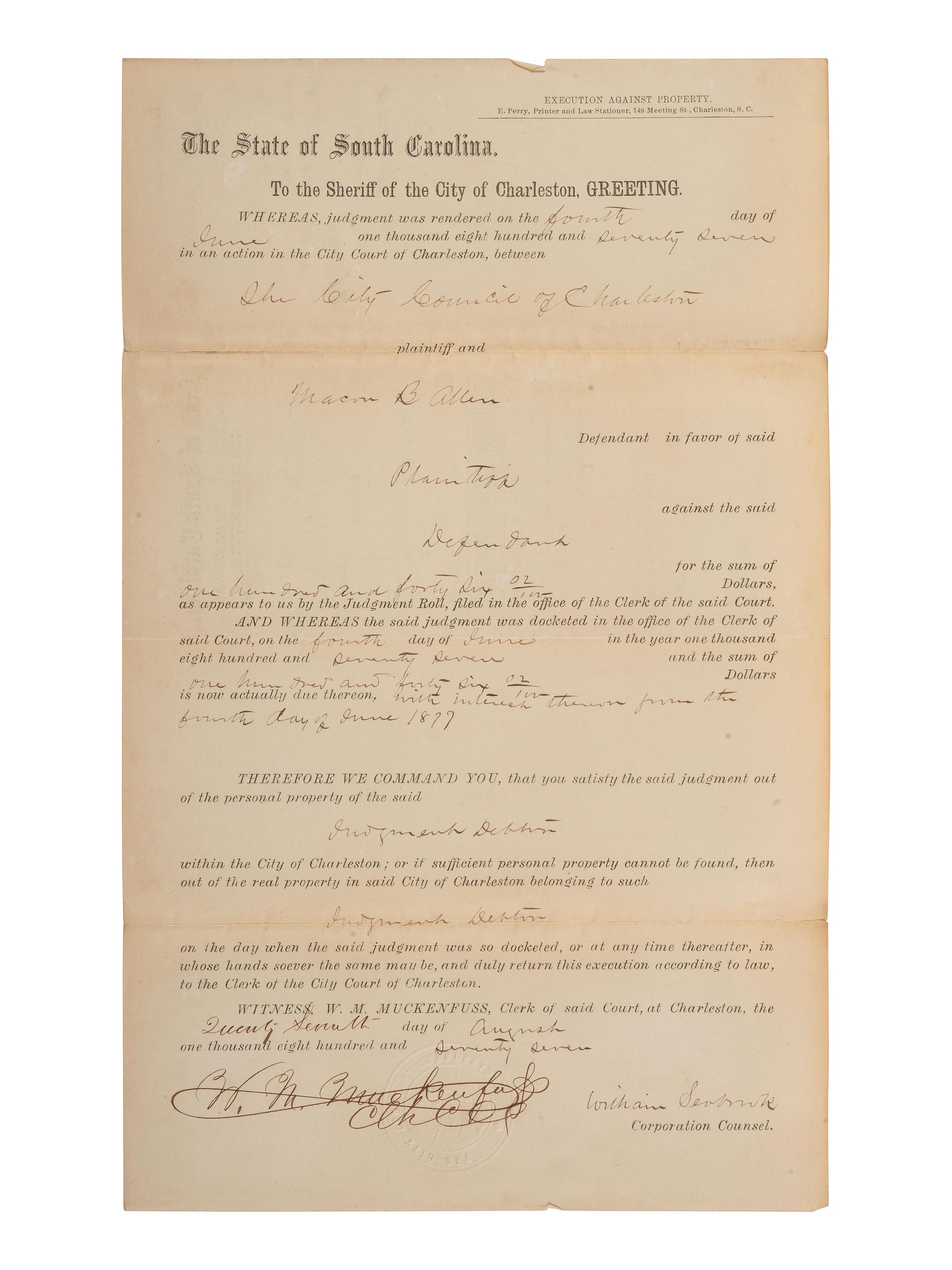 ALLEN, Macon B. (1816-1894). Two documents related to Macon Allen, the first African American licensed to practice law in the US. Charleston, SC, 1877.