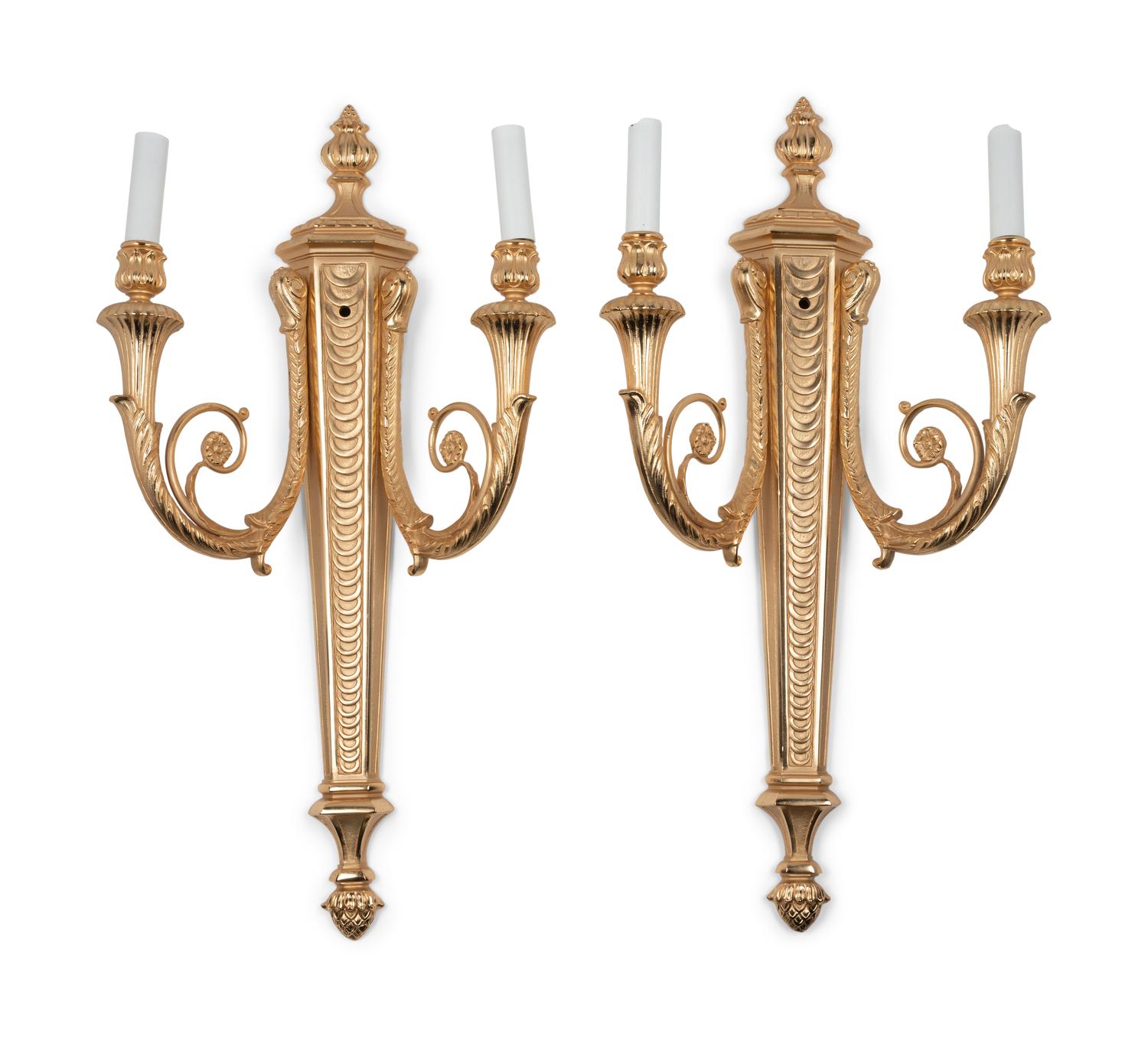A Pair of Louis XVI Style Gilt Bronze Two-Light Sconces