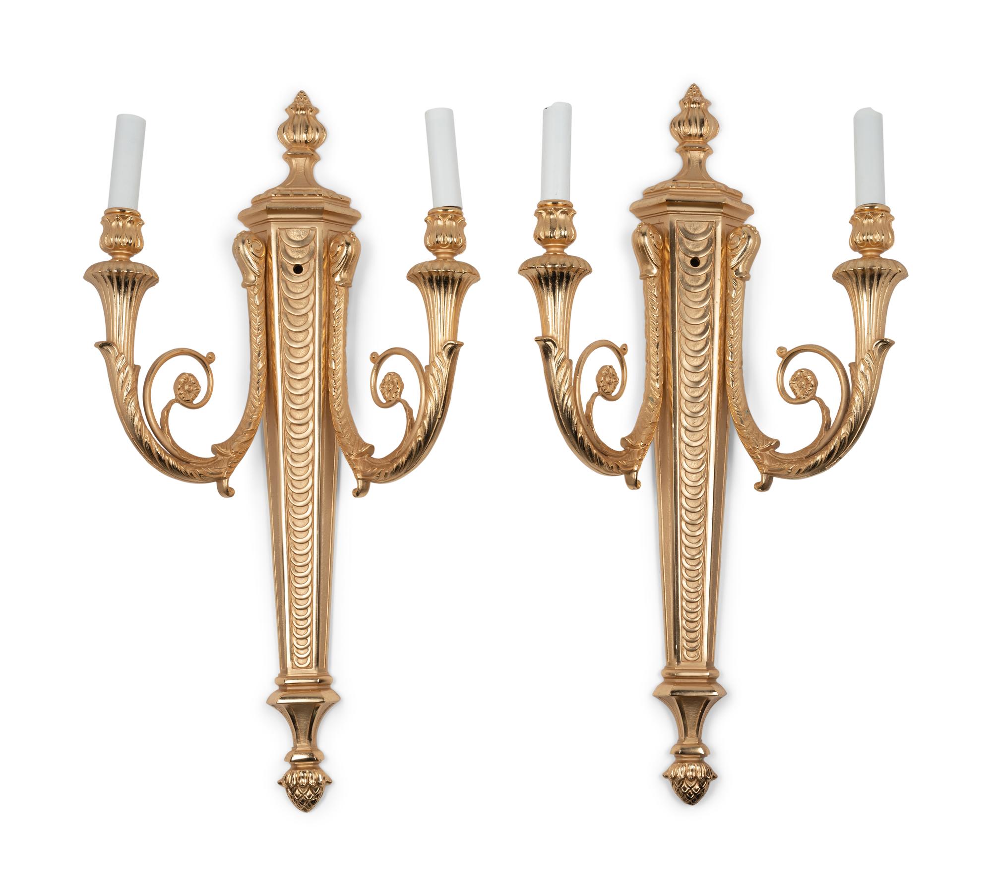 A Pair of Louis XVI Style Gilt Bronze Two-Light Sconces