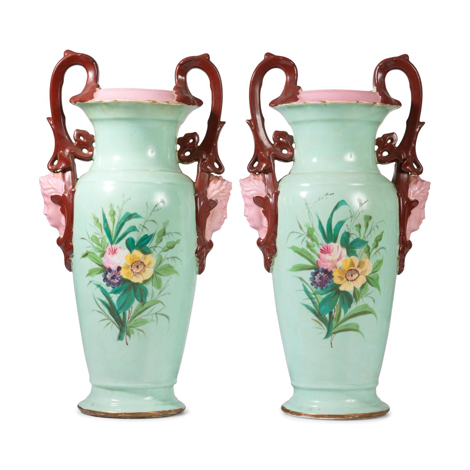 A Pair of Continental Porcelain Urns with Hand Painted and Transfer Decoration