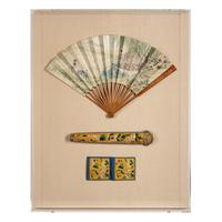 A Chinese Painted Folding Fan and Two Silk-Embroidered Accessories, 19th Century — 清晚期 紙本設色采蓮圖摺扇及黃地綉花扇套、錢包一套