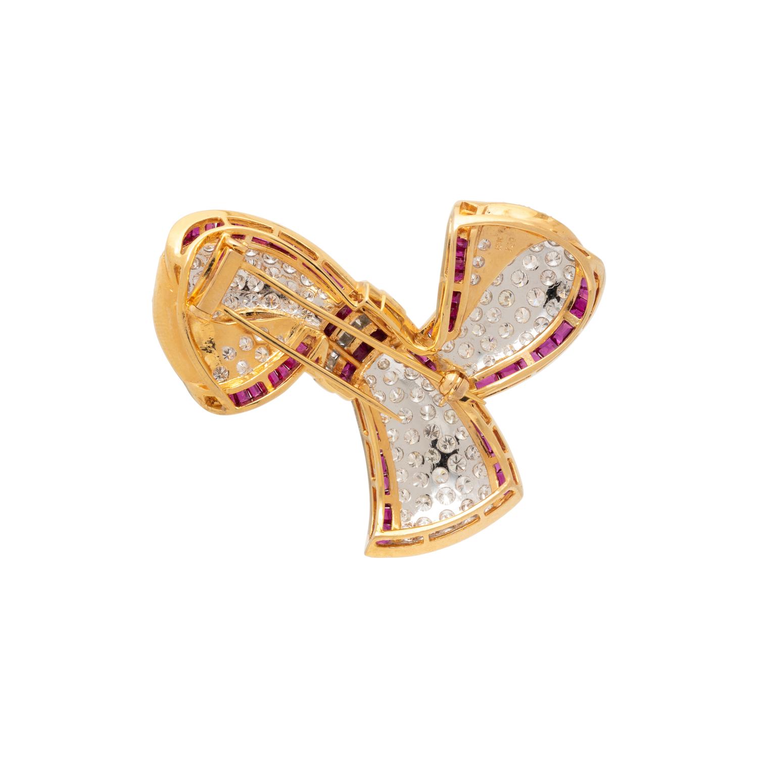 DIAMOND AND RUBY BOW BROOCH