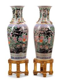 A Pair of Massive Chinese Enameled Porcelain Vases with Giltwood Stands