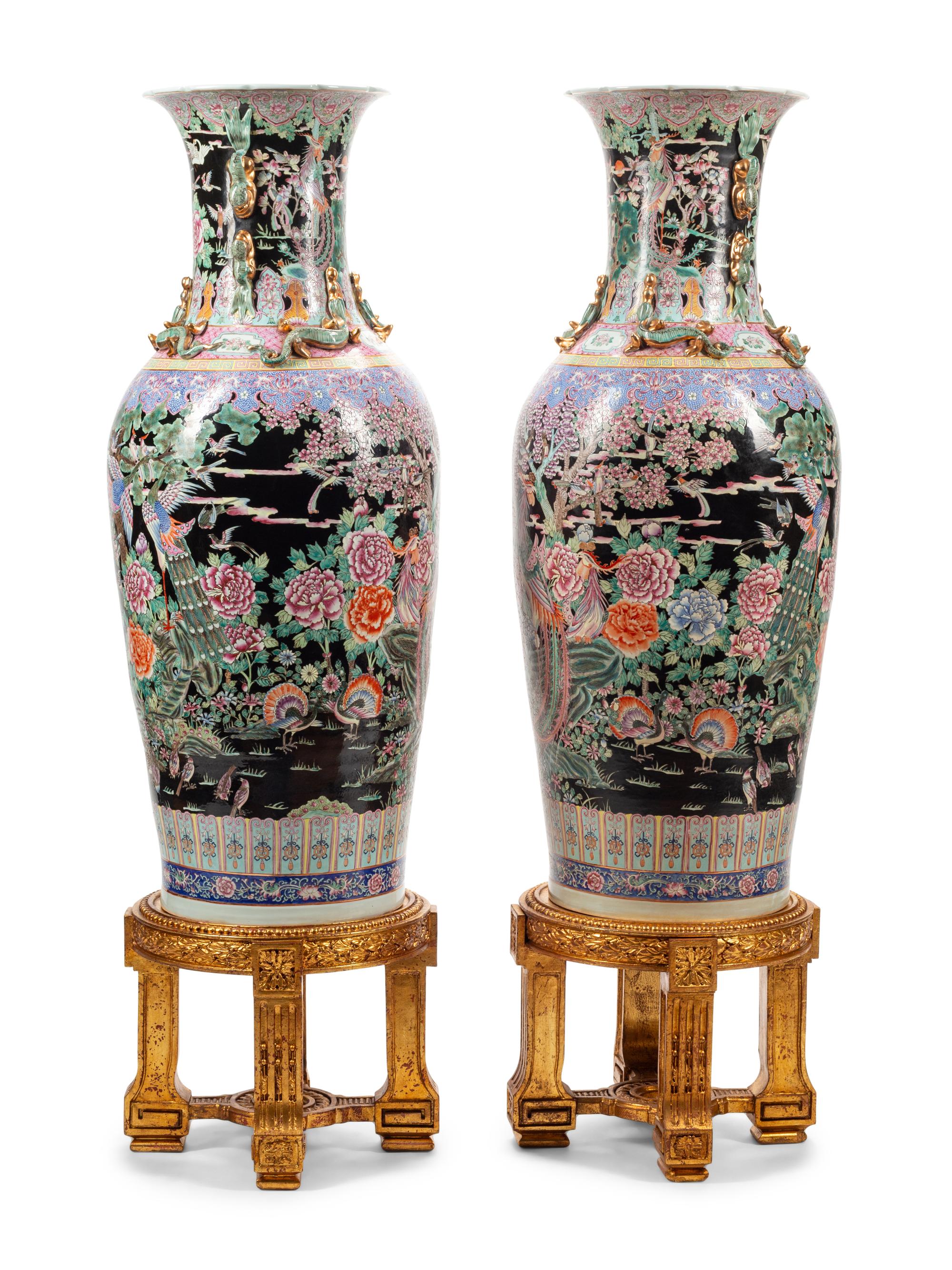 A Pair of Massive Chinese Enameled Porcelain Vases with Giltwood Stands