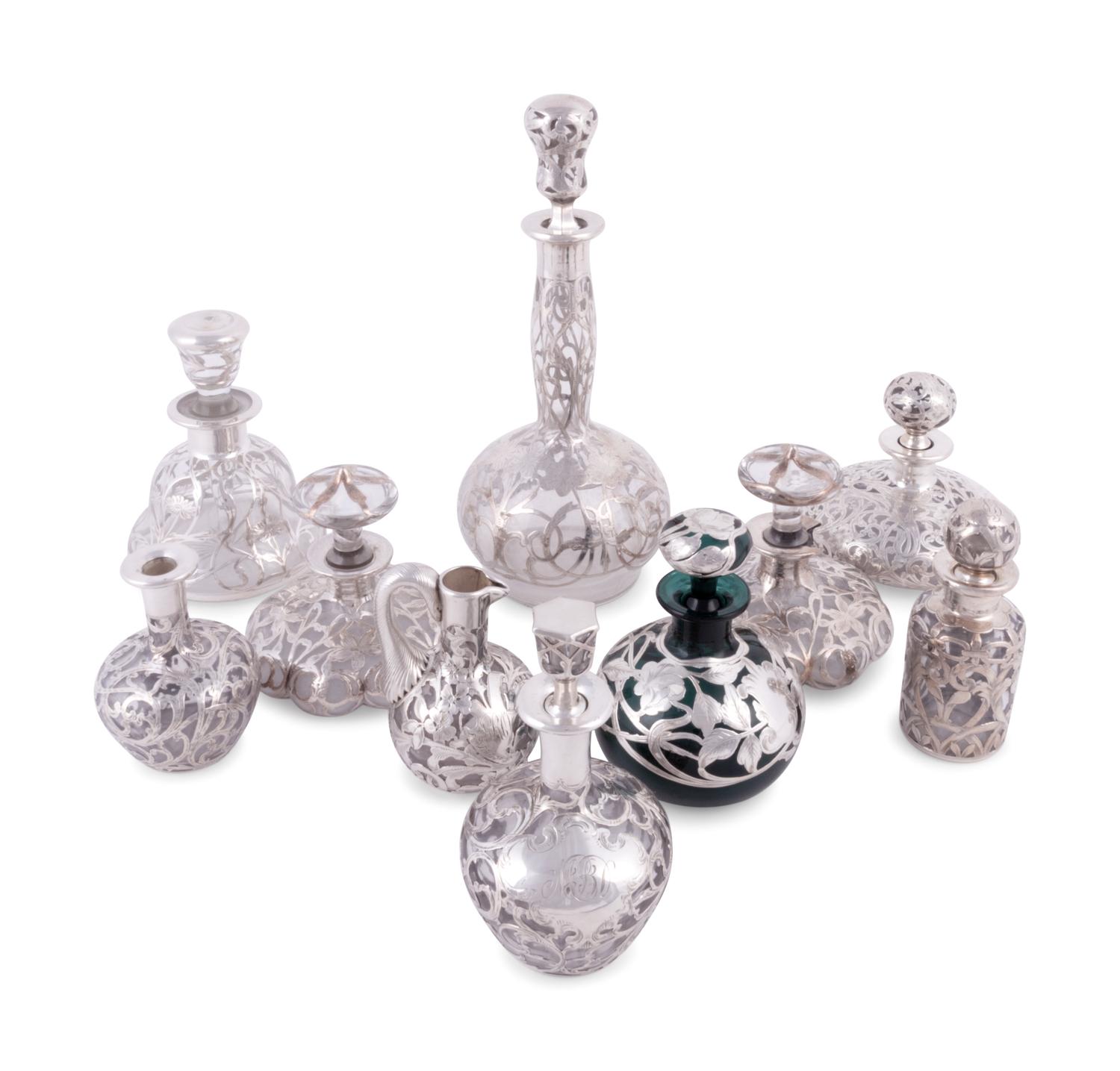 Nine Silver Overlay Glass Scent Bottles and Cruets