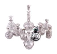 Nine Silver Overlay Glass Scent Bottles and Cruets
