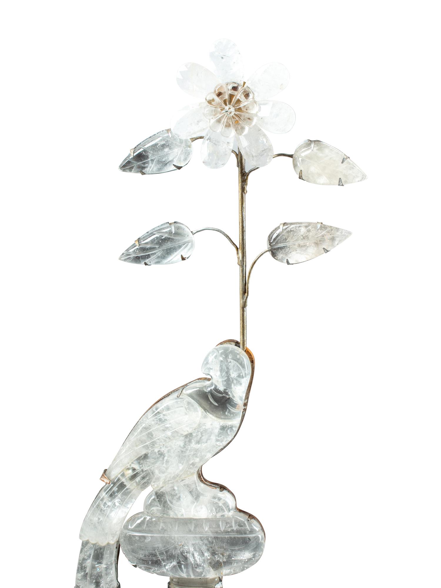 A Pair of Silvered Metal and Rock Crystal Two-Light Sconces in the Style of Maison Baguès