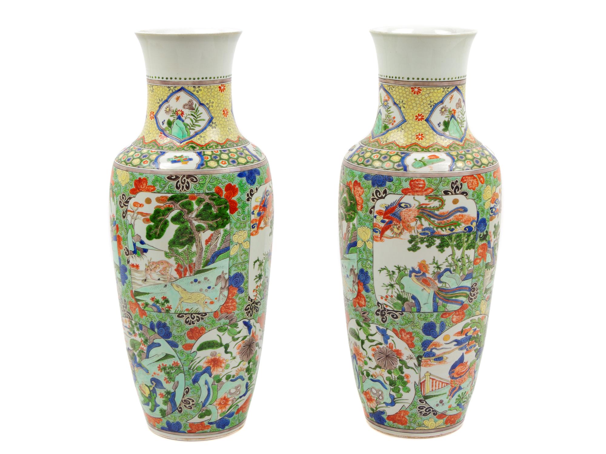 A Pair of Chinese Famille Verte Porcelain Rouleau Vases