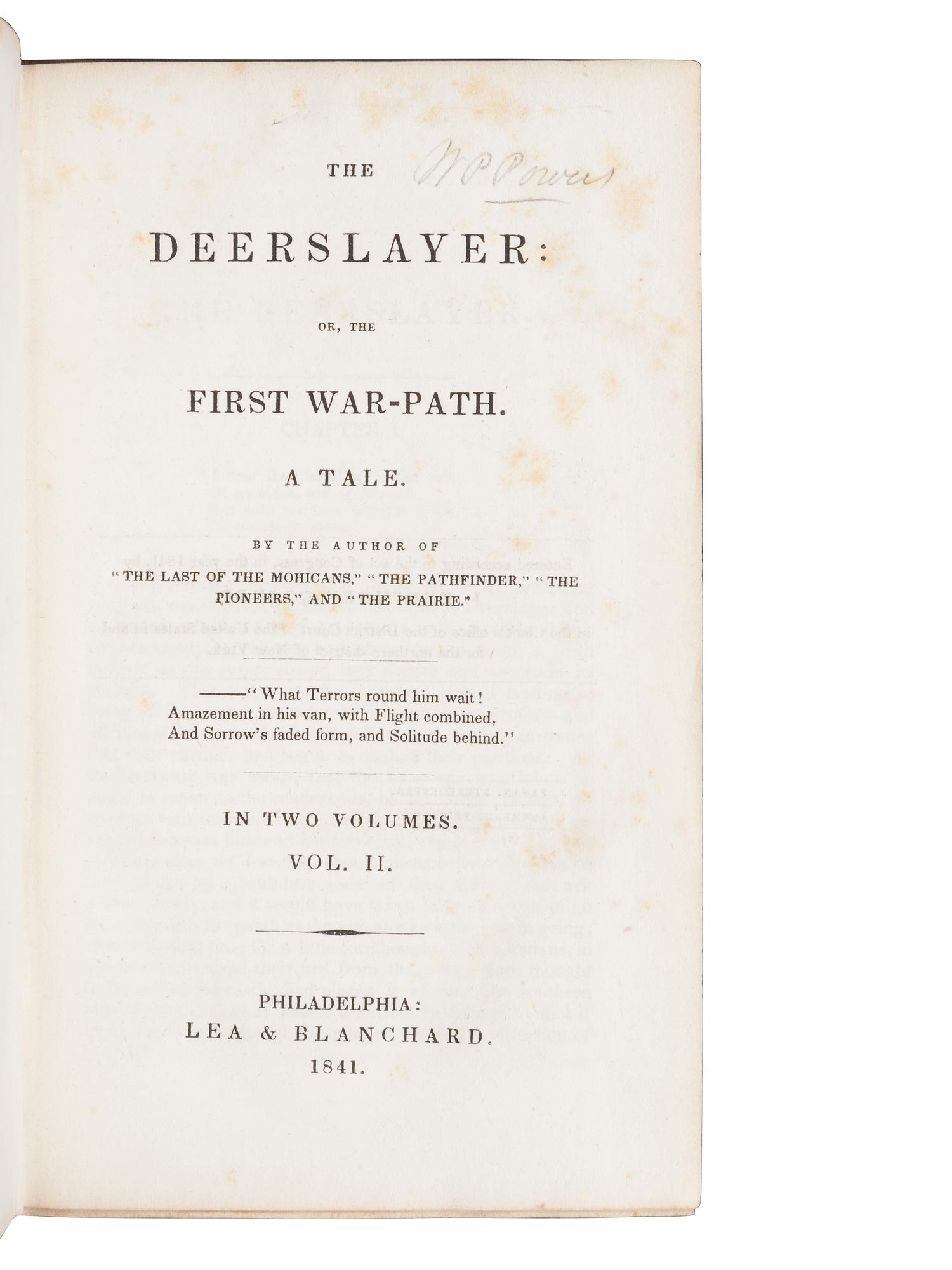 COOPER, James Fenimore (1789-1851). The Deerslayer; or, the First War-Path. A Tale . Philadelphia: Lea & Blanchard, 1841.
