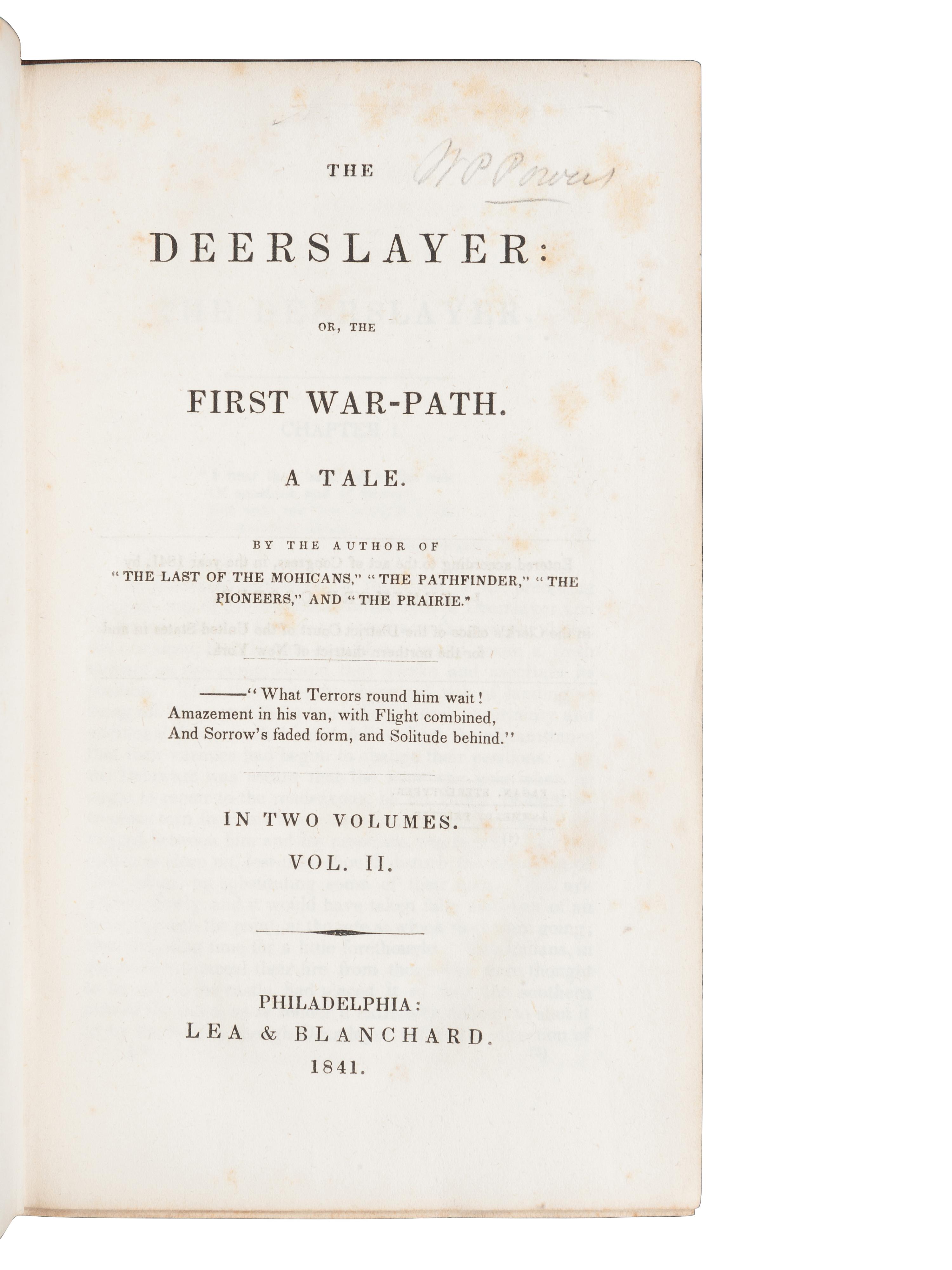 COOPER, James Fenimore (1789-1851). The Deerslayer; or, the First War-Path. A Tale . Philadelphia: Lea & Blanchard, 1841.