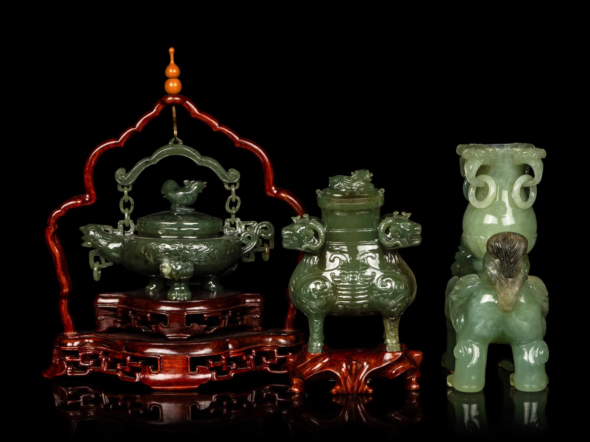 Three Chinese Serpentine Incense Burners