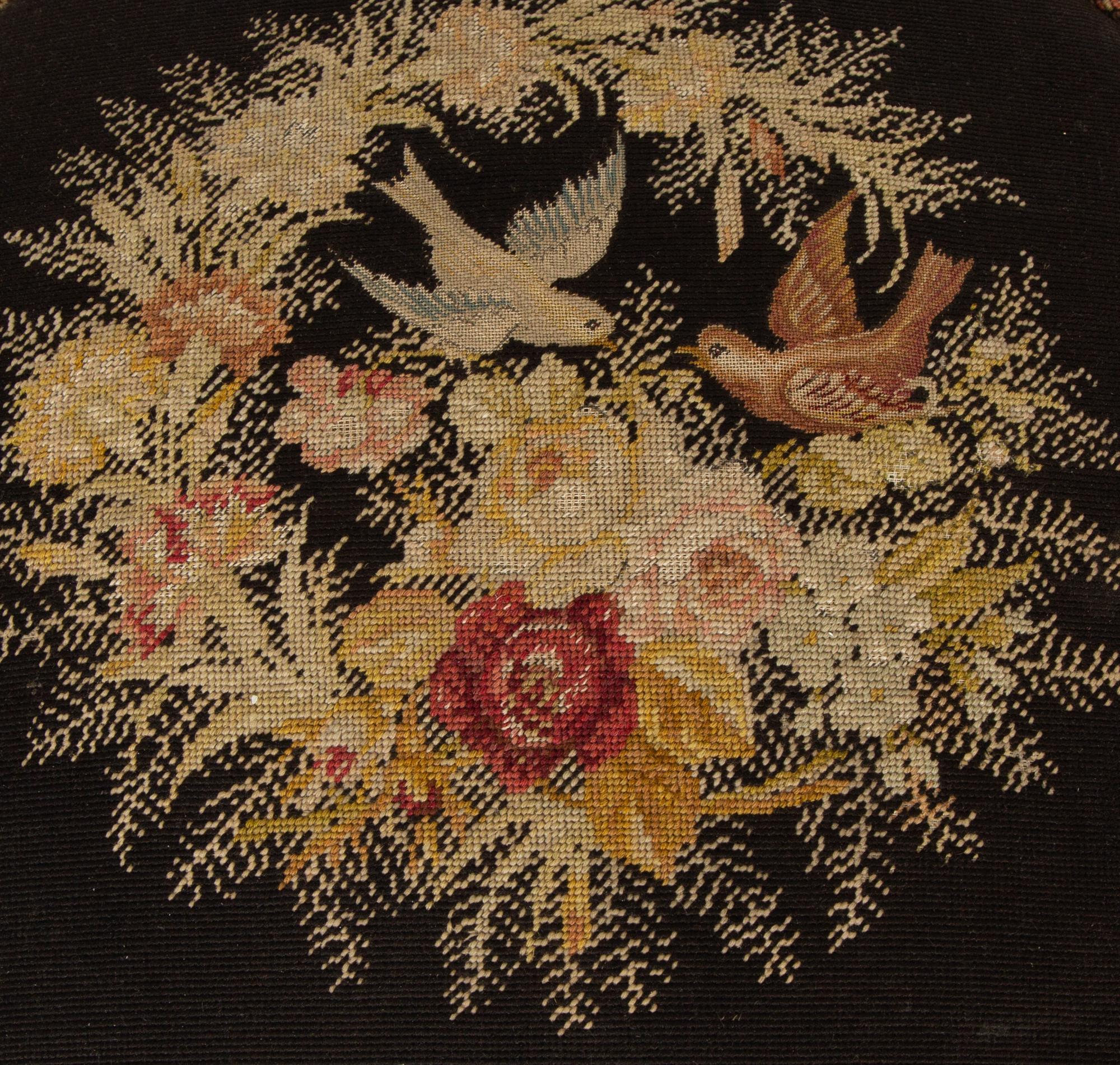 A Pair of Regency Style Needlework, Velvet and Fringed Circular Stools
