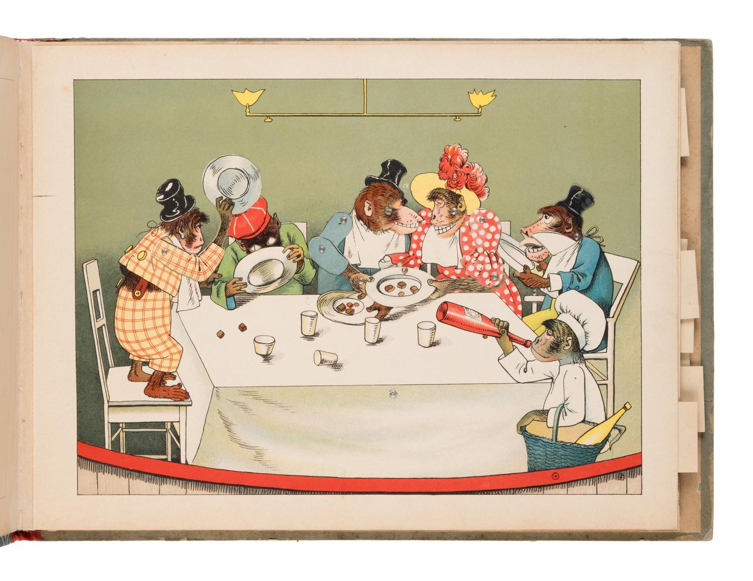 [Movable Book]. Meggendorfer, Lothar (1847-1925). Lebendes Affentheater. Ein Ziehbilderbuch . [ The Monkey Theatre. A Moveable Toybook ]. Munich: J.F. Schreiber, n.d. [ca 1893].