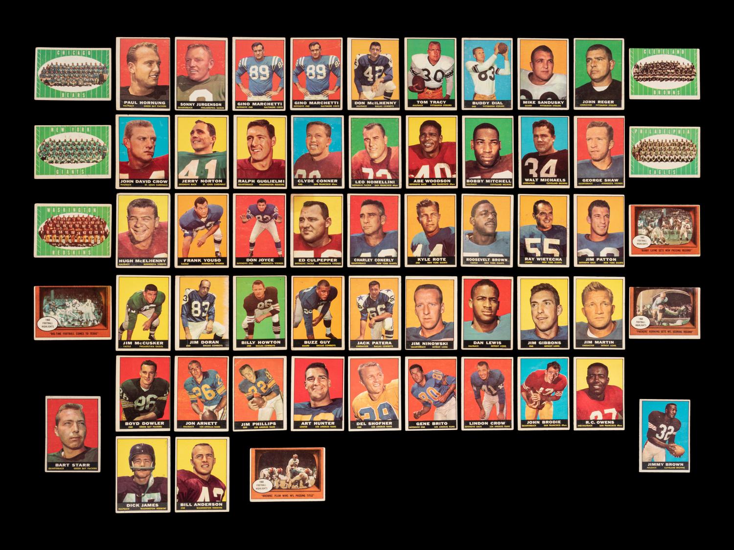 A Group of Assorted 1961 Topps Football Cards Including Jim Brown and Bart Starr,
