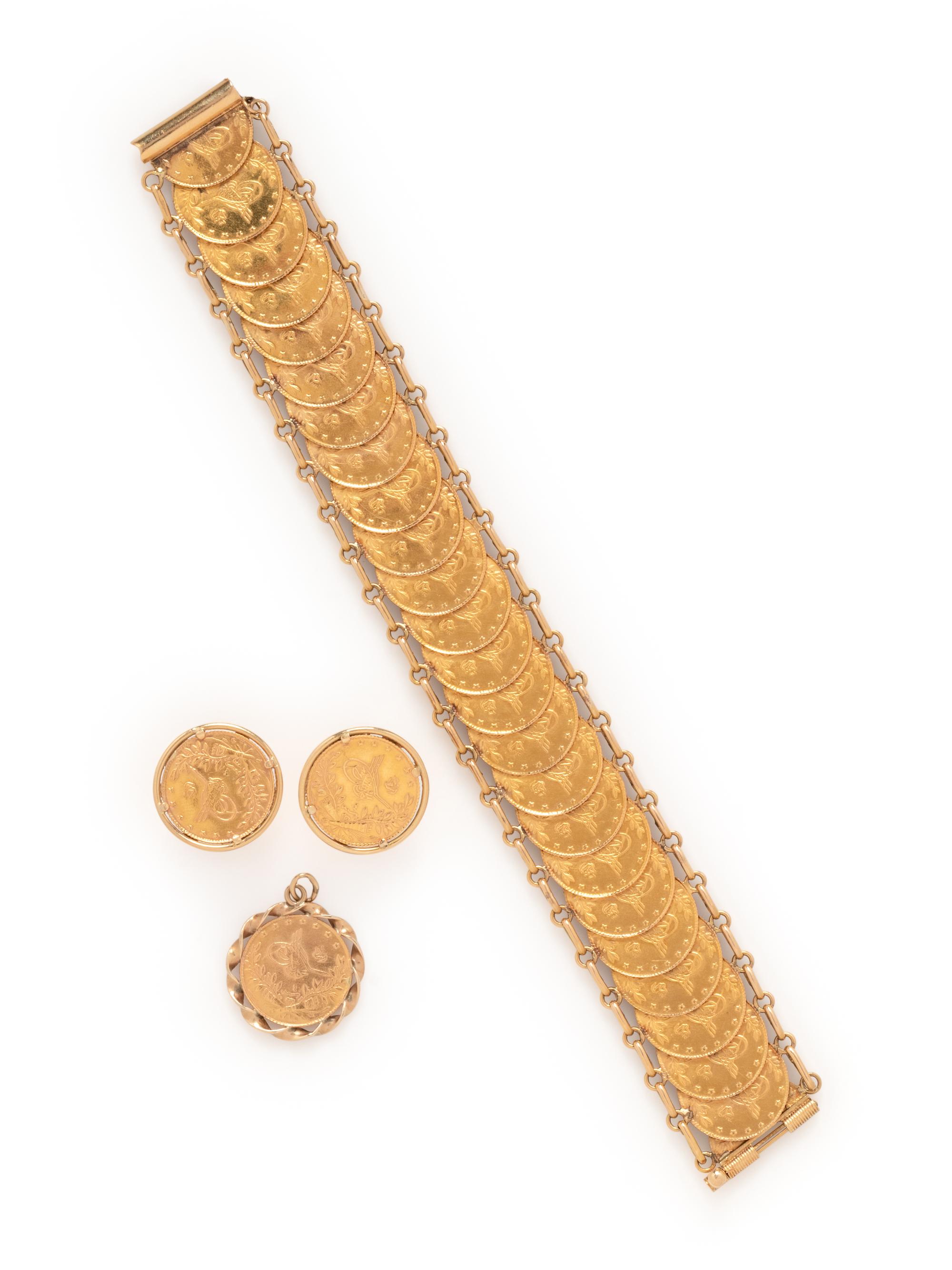 COLLECTION OF YELLOW GOLD AND COIN JEWLERY
