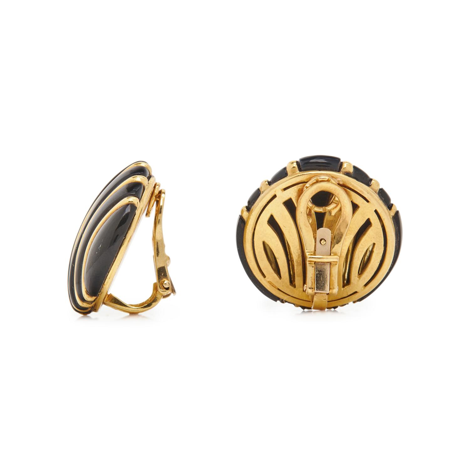 YELLOW GOLD AND ONYX EAR CLIPS