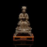 A Chinese bronze figure of a seated Daoist immortal with wood stand 道教仙人銅像與木底座 Ming dynasty ?