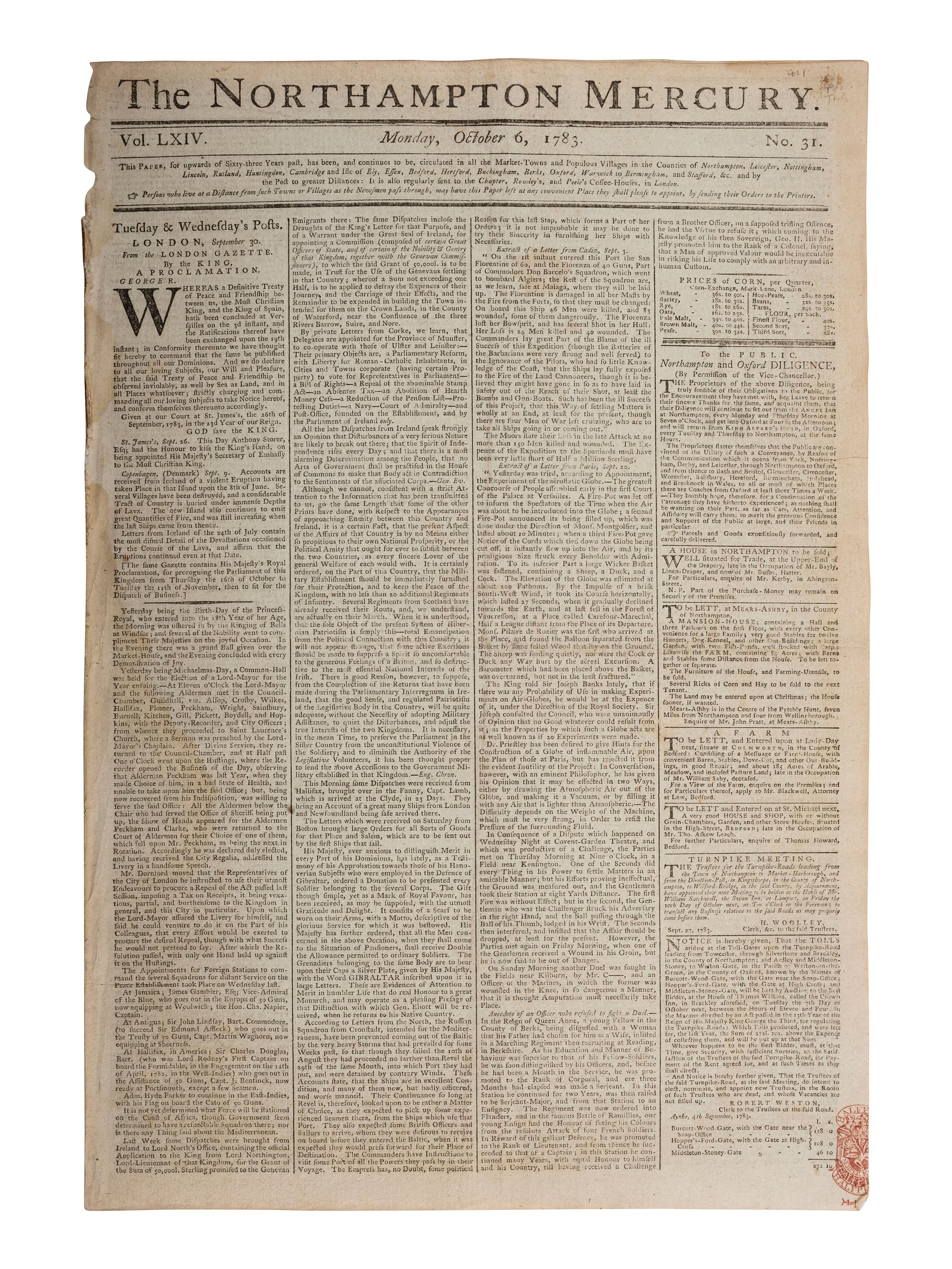 [REVOLUTIONARY WAR]. Northampton Mercury . Vol LXIV, Nos. 30-33. London, 29 Sept. - 20 Oct. 1783.