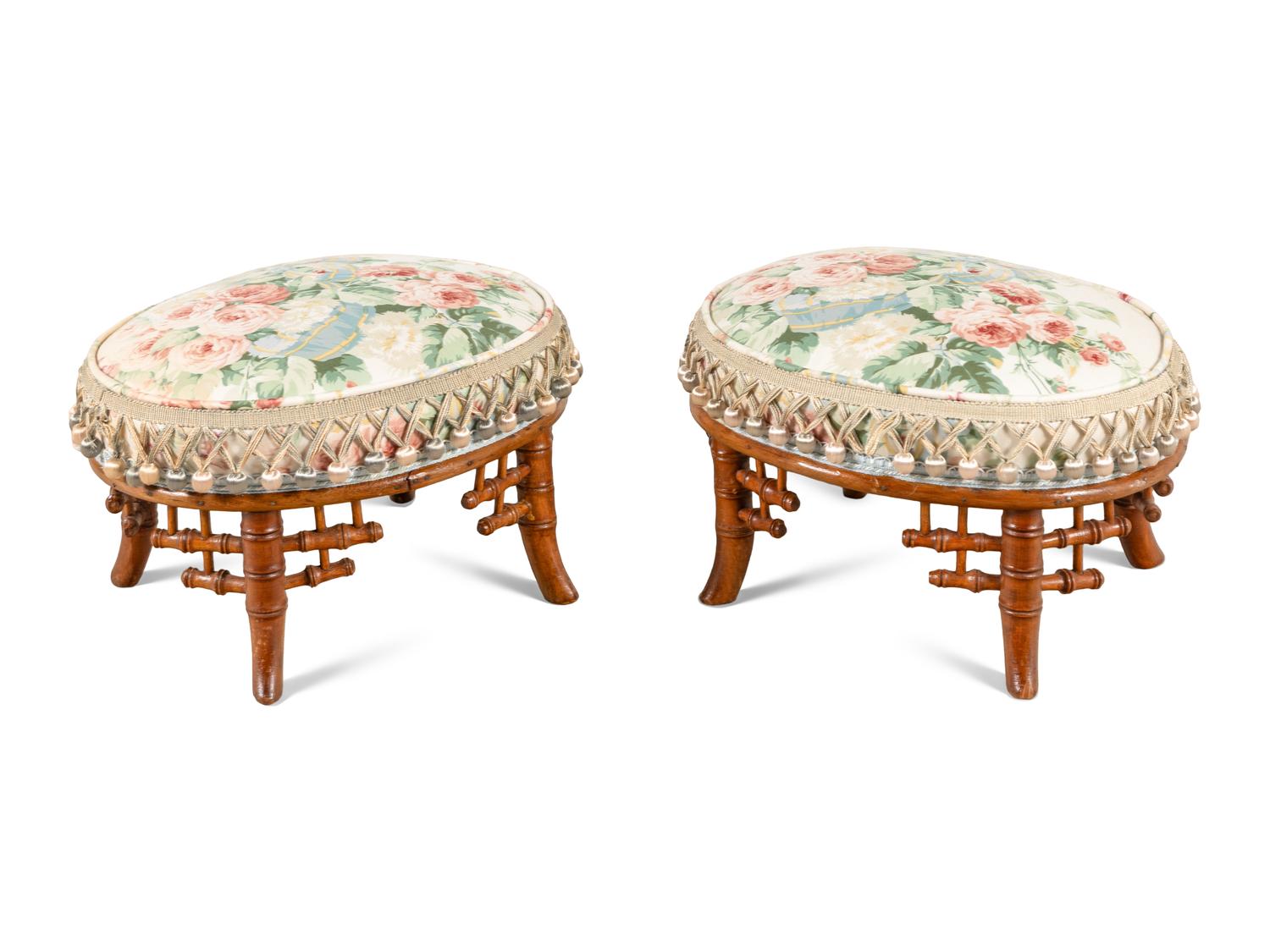 A Pair of Bamboo and Rattan Side Chairs with Associated Footstools