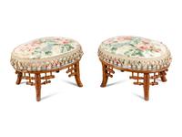 A Pair of Bamboo and Rattan Side Chairs with Associated Footstools