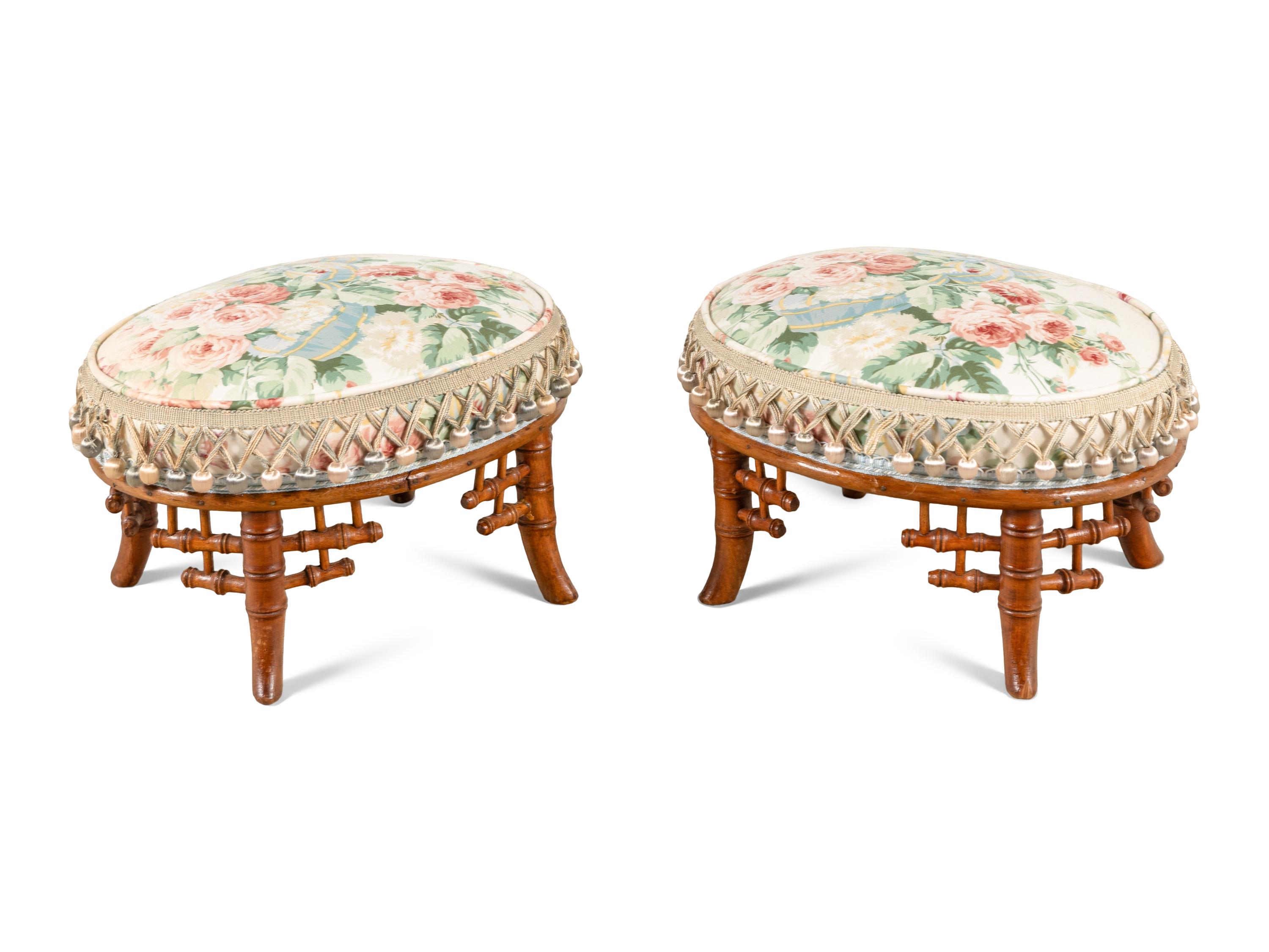A Pair of Bamboo and Rattan Side Chairs with Associated Footstools