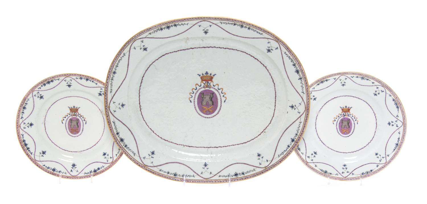 Three Chinese Export Porcelain Armorial Articles Width of first 16 3/8 inches.
