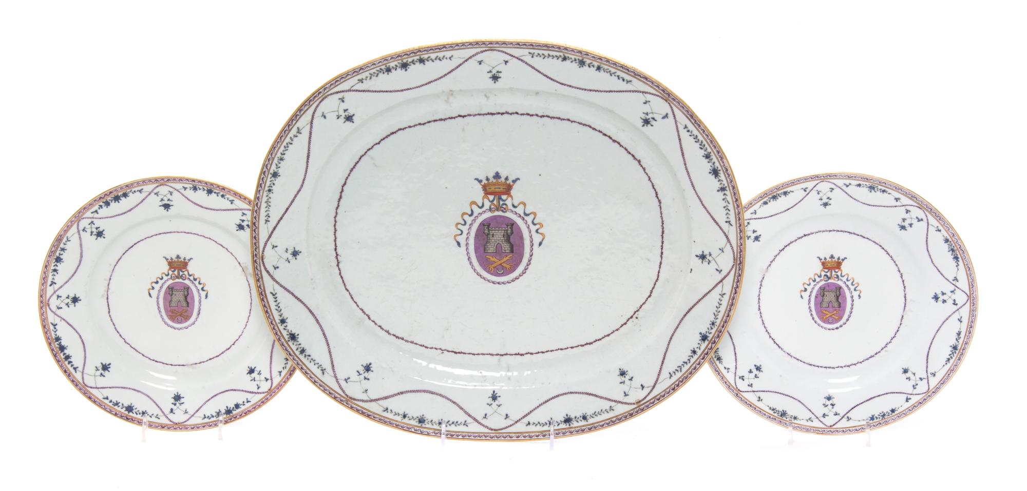 Three Chinese Export Porcelain Armorial Articles Width of first 16 3/8 inches.