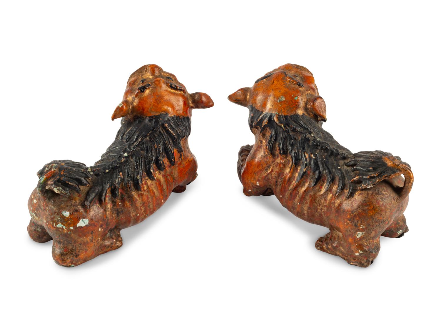 A Pair of Chinese Cold-Painted Cast Metal Models of Temple Guardians