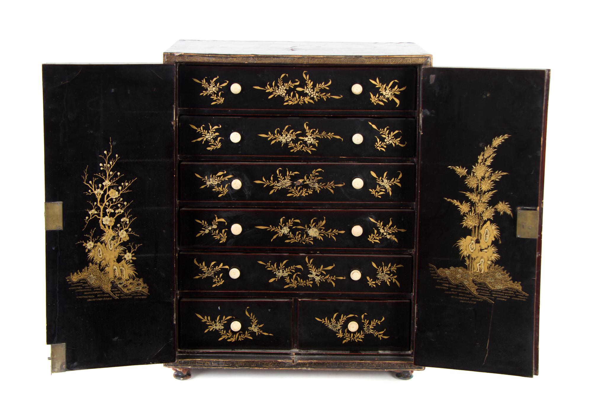 A Chinese Export Lacquered Jewelry Chest Height 18 5/8 x width 14 3/4 x depth 7 3/8 inches. — 19TH CENTURY