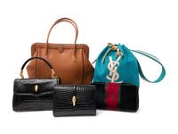 Five Designer Handbags: One Roberta di Camerino, One YSL, One Hermes, and Two Unlabeled Exotic Skin Bags