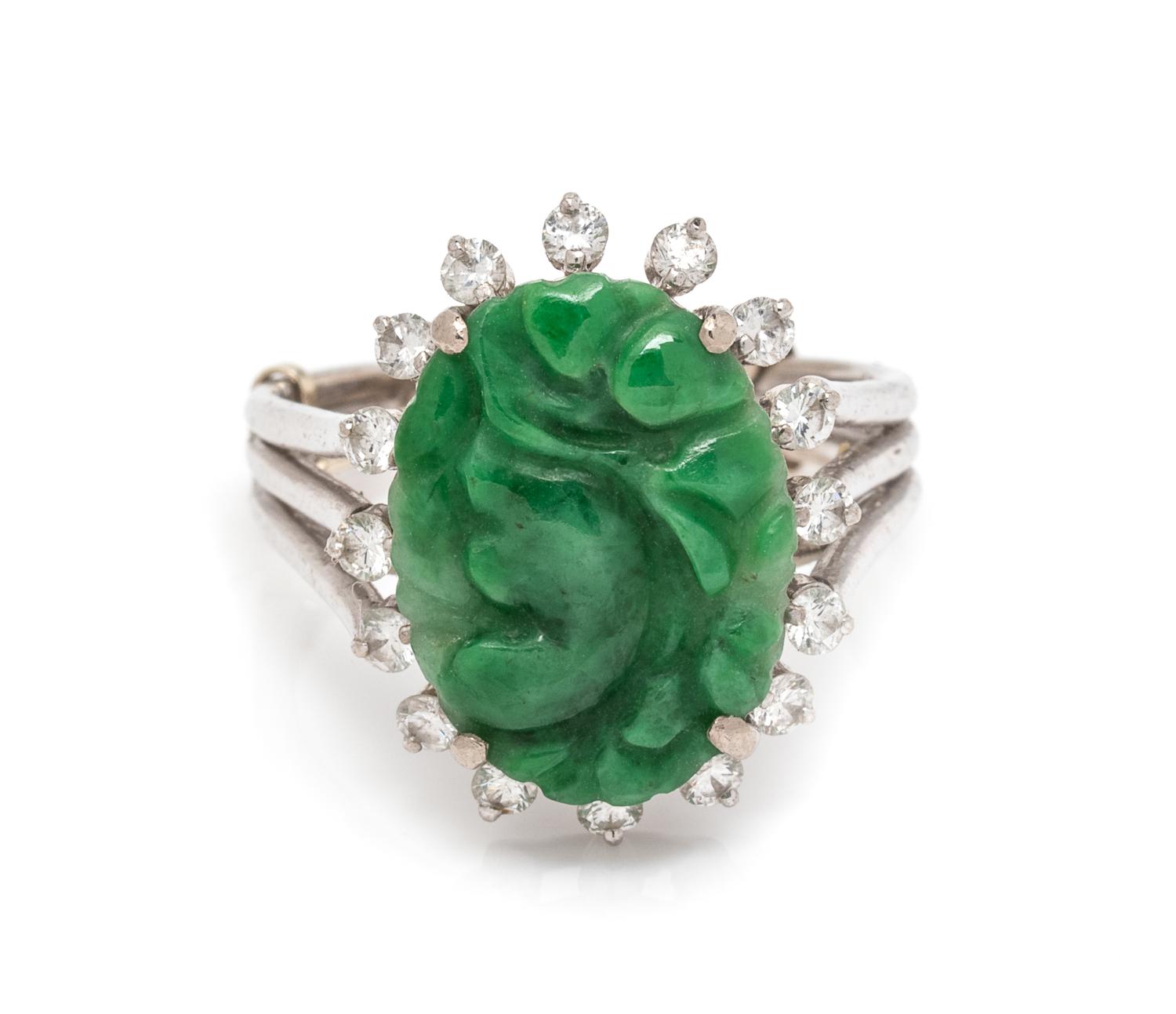 A 14 Karat White Gold, Jade, and Diamond Ring,