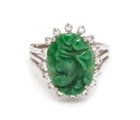 A 14 Karat White Gold, Jade, and Diamond Ring,